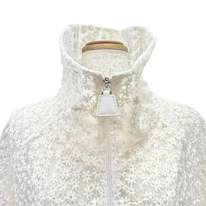 未使用品△AKRIS アクリス シルク フラワーエンブロイダリー レザージップ レースブルゾン ジャケット アイボリー 42 正規品 レディース