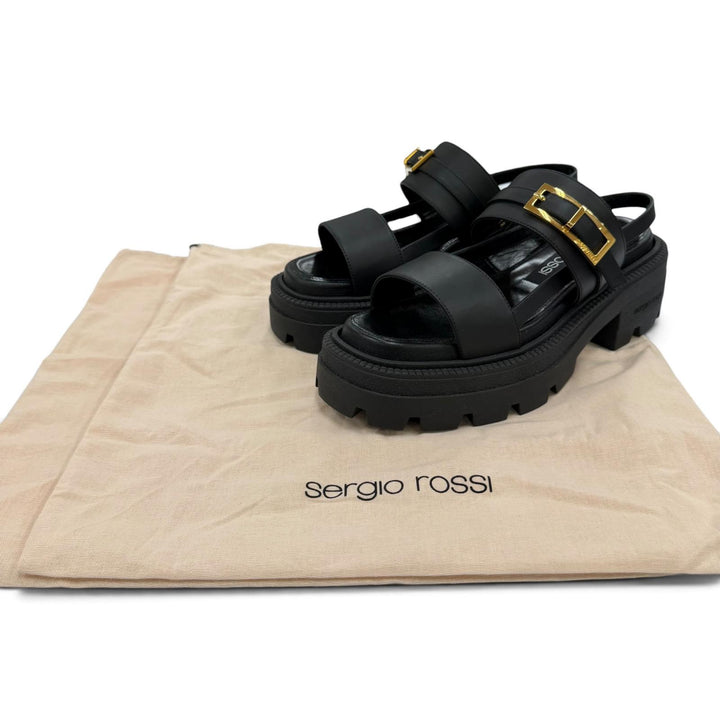 未使用品☆Sergio Rossi セルジオロッシ ロゴ金具 バックスリング レザー サンダル ブラック 38 イタリア製 レディース 保存袋付き