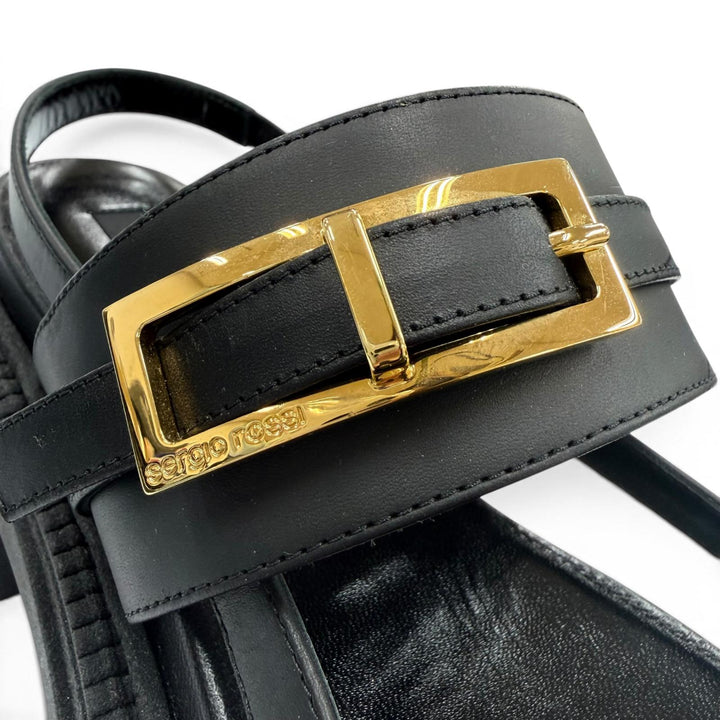 未使用品☆Sergio Rossi セルジオロッシ ロゴ金具 バックスリング レザー サンダル ブラック 38 イタリア製 レディース 保存袋付き