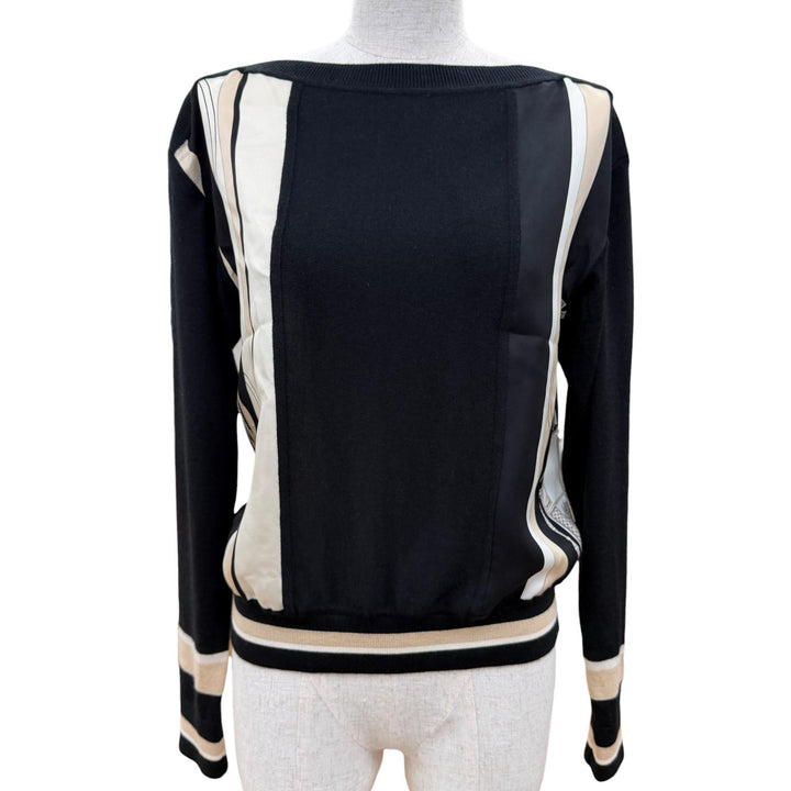 極美品☆HERMES エルメス 3E2801D7 エクスリブリス シルク カシミヤ ツイルレーヌ 長袖 ニット ブラック系 34 正規品 レディース