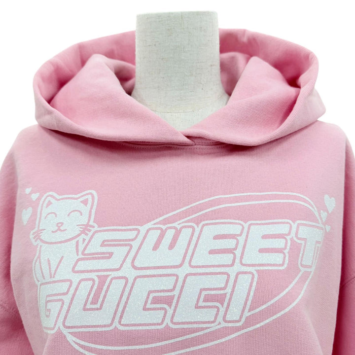 未使用品☆GUCCI グッチ 776886 SWEET GUCCI コットン100％ ラメロゴプリント フード付 パーカー ピンク S イタリア製 正規品 レディース