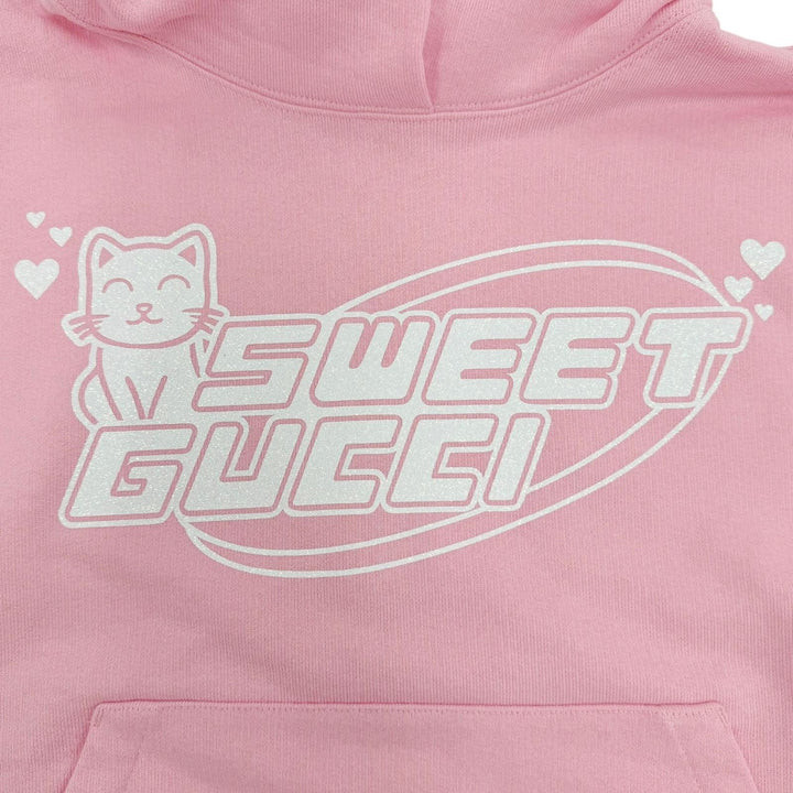 未使用品☆GUCCI グッチ 776886 SWEET GUCCI コットン100％ ラメロゴプリント フード付 パーカー ピンク S イタリア製 正規品 レディース