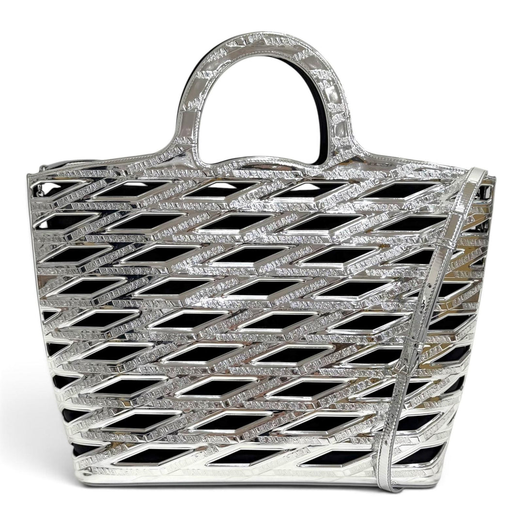 美品△BALENCIAGA バレンシアガ 626111 ネオバスケット ロゴ 2WAY トートバッグ ショルダーバッグ シルバー ブラック イタリア製 袋付き