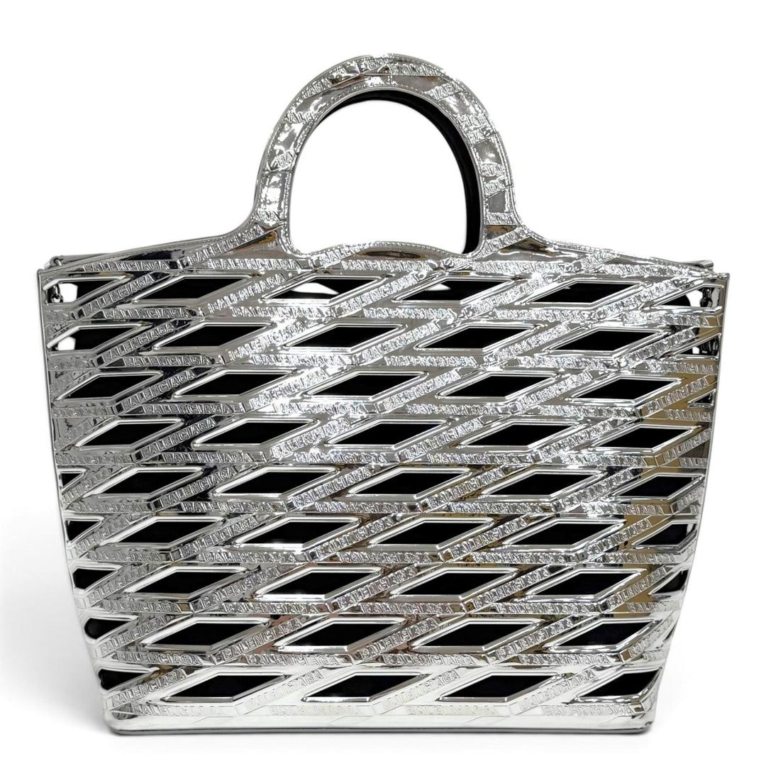 美品△BALENCIAGA バレンシアガ 626111 ネオバスケット ロゴ 2WAY トートバッグ ショルダーバッグ シルバー ブラック イタリア製 袋付き