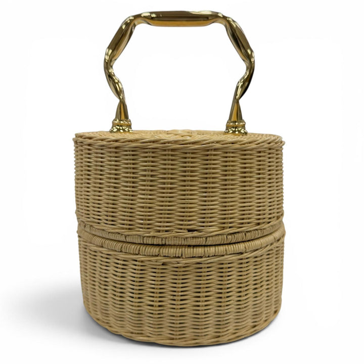 極美品☆Manimaris マニマリス PANCAKEBASKET ラタン かごバッグ ハンドバッグ ナチュラル ゴールド レディース 保存袋付き
