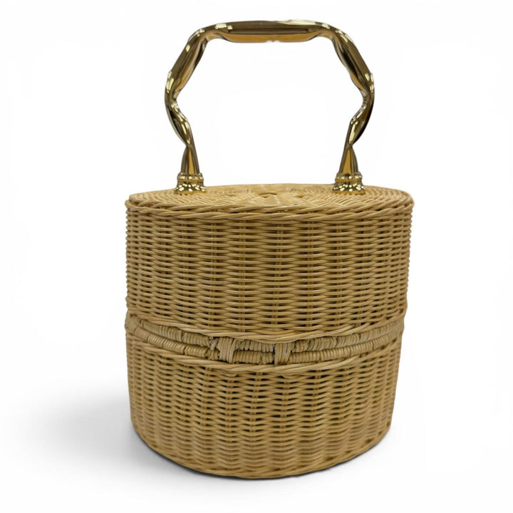 極美品☆Manimaris マニマリス PANCAKEBASKET ラタン かごバッグ ハンドバッグ ナチュラル ゴールド レディース 保存袋付き