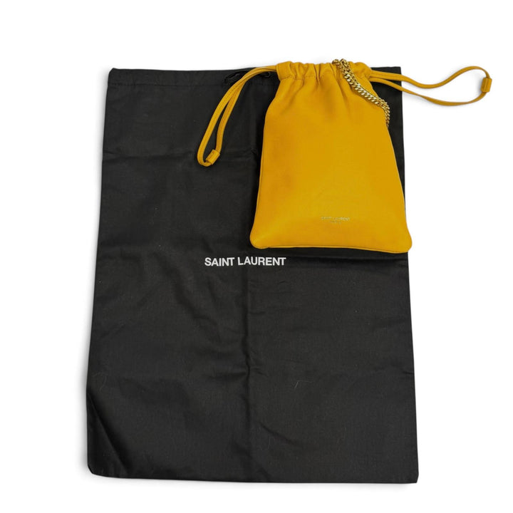 極美品★SAINT LAURENT PARIS サンローランパリ 640714 ドローストリング レザー チェーン ショルダーバッグ イエロー イタリア製 袋付