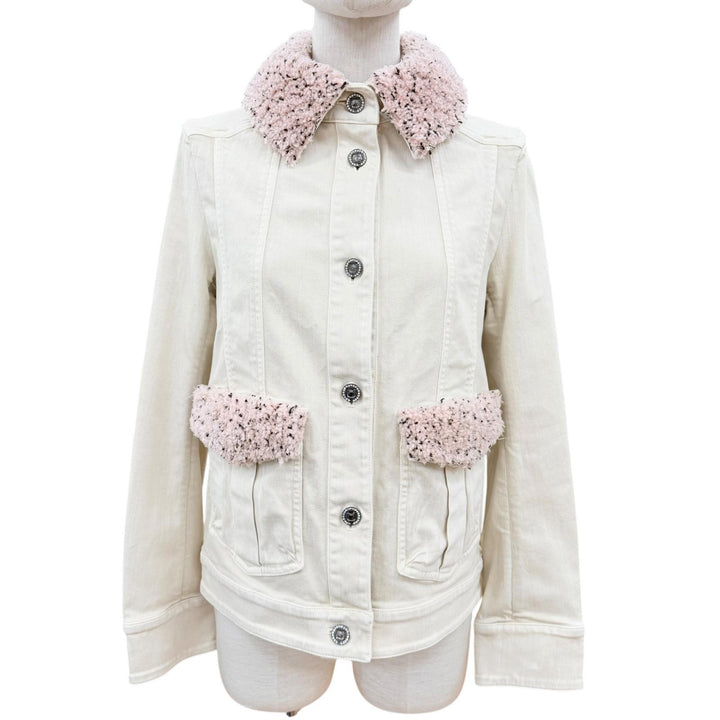 未使用品◇CHANEL シャネル 16B P54559 ストーン付きミニココボタン ボアカラー デニムジャケット アイボリー 34 イタリア製 レディース