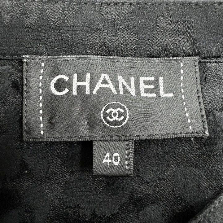 美品◇CHANEL シャネル P75261 シルク100％ ココボタン レオパード リボン付き 長袖シャツ ブラウス ブラック 40 フランス製 ハンガー付