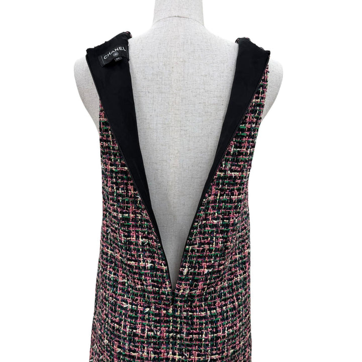極美品☆CHANEL シャネル P60788 シルク使いロゴリボンタイ付 ツイード ノースリーブ ワンピース マルチカラー 34 イタリア製 レディース