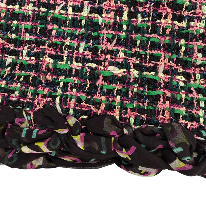 極美品☆CHANEL シャネル P60788 シルク使いロゴリボンタイ付 ツイード ノースリーブ ワンピース マルチカラー 34 イタリア製 レディース