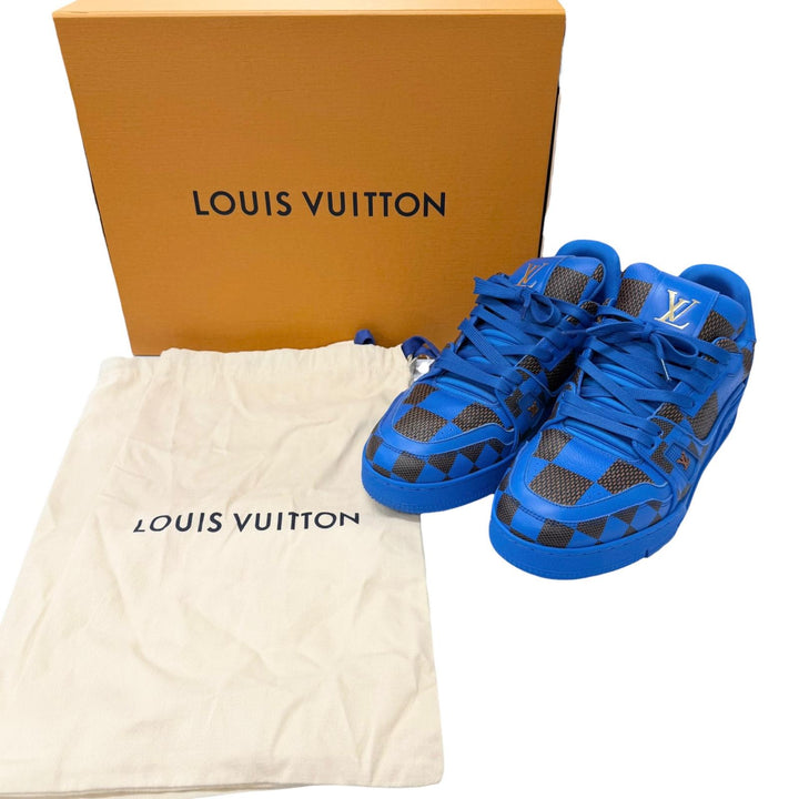 極美品□LOUIS VUITTON ルイヴィトン 2023年製 LV トレイナーライン レザー ダミエ ローカットスニーカー ブルー 6 イタリア製 メンズ