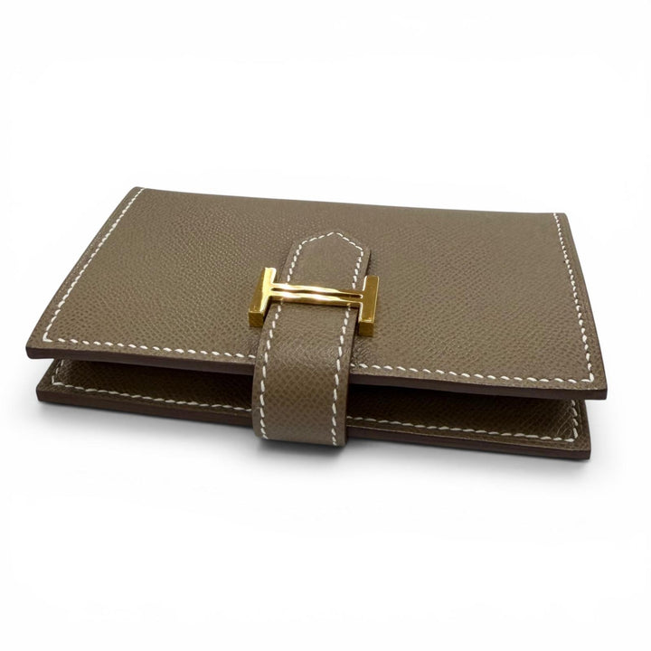 極美品☆HERMES エルメス ベアン ミニ カードケース ヴォーマダム エトゥープ ゴールド金具 K刻印 フランス製 レディース 箱付き