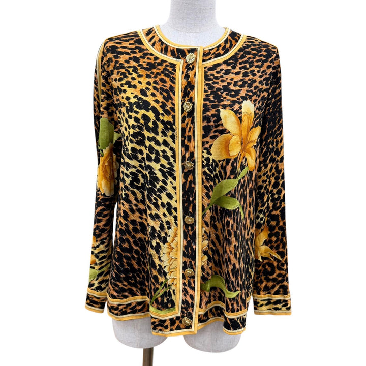 極美品☆LEONARD FASHION レオナール ファッション ウール シルク レオパード・花柄 金ボタン 長袖 カーディガン ブラウン L レディース