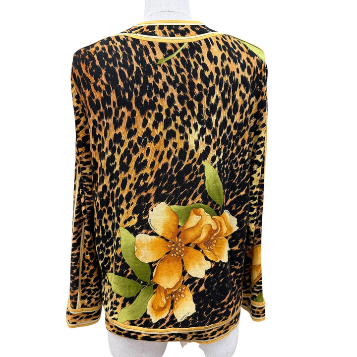 極美品☆LEONARD FASHION レオナール ファッション ウール シルク レオパード・花柄 金ボタン 長袖 カーディガン ブラウン L レディース