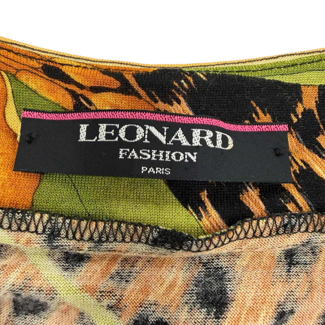 極美品☆LEONARD FASHION レオナール ファッション ウール シルク レオパード・花柄 金ボタン 長袖 カーディガン ブラウン L レディース
