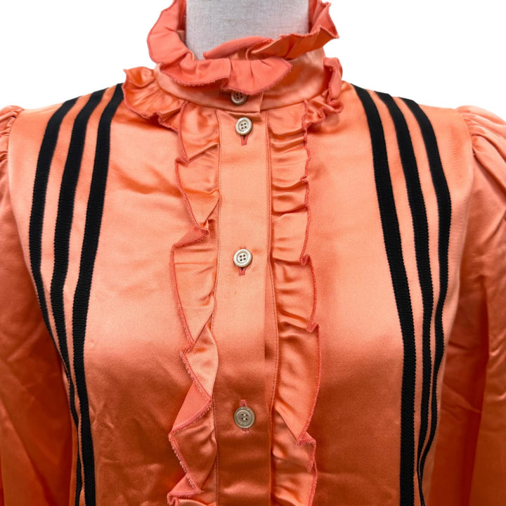 美品☆GUCCI×adidas グッチ×アディダス 723272 シルク100％ 3ライン フリル 長袖 シャツ ワンピース オレンジ 38 イタリア製 正規品