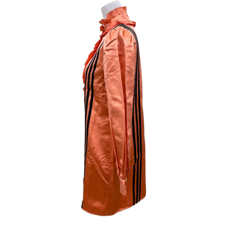 美品☆GUCCI×adidas グッチ×アディダス 723272 シルク100％ 3ライン フリル 長袖 シャツ ワンピース オレンジ 38 イタリア製 正規品