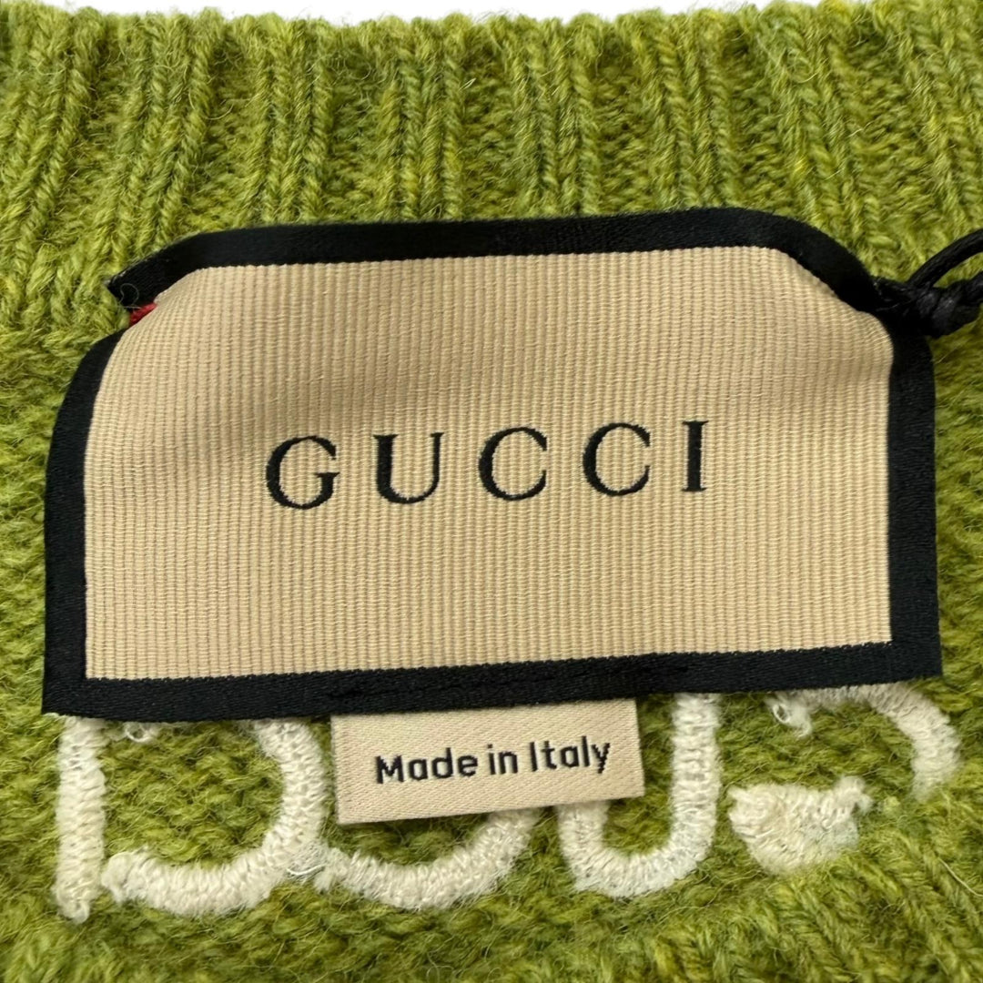 未使用品□GUCCI グッチ 24AW 763365 ウール100% クルーネック バックロゴ刺繍 長袖ニット セーター グリーン M イタリア製 正規品