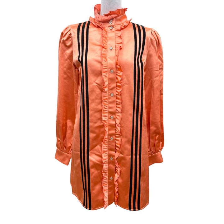 未使用品☆GUCCI×adidas グッチ×アディダス 723272 シルク100％ フリル 3ライン 長袖 シャツ ワンピース オレンジ 42 正規品 ハンガー付