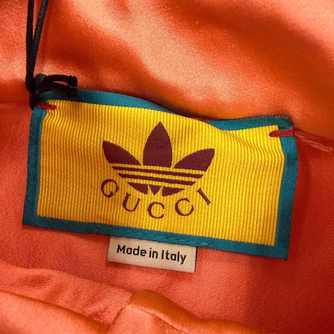 未使用品☆GUCCI×adidas グッチ×アディダス 723272 シルク100％ フリル 3ライン 長袖 シャツ ワンピース オレンジ 42 正規品 ハンガー付