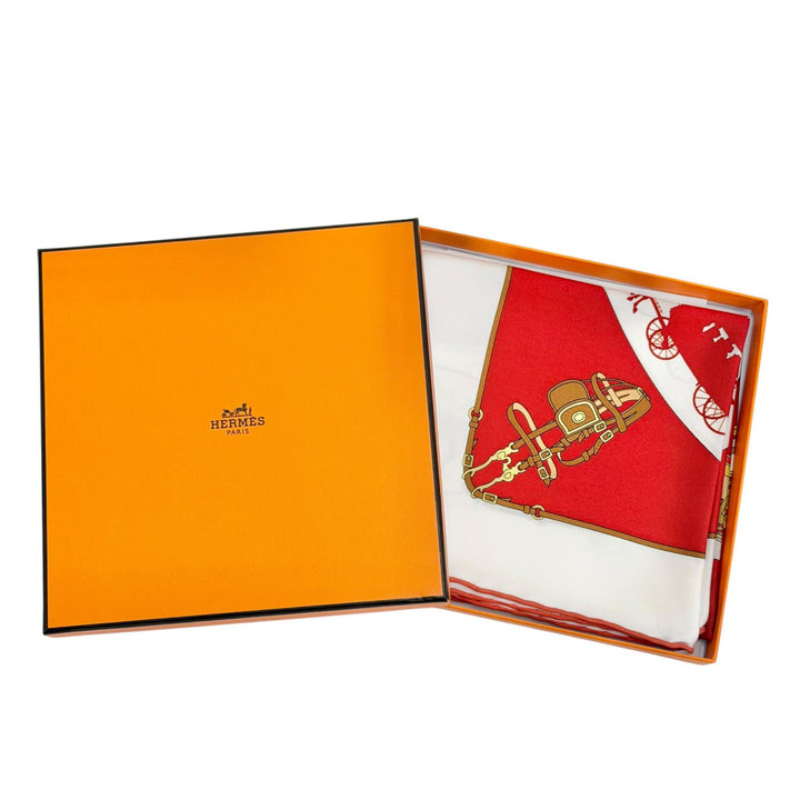 極美品△HERMES エルメス Paris Qui Roule 車輪でめぐるパリ シルク100% カレ70 スカーフ レッド ホワイト フランス製 レディース 箱付き
