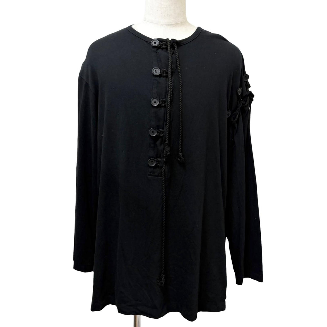 美品□Yohji Yamamoto POUR HOMME ヨウジヤマモトプールオム HD-T13-078 レースアップ ヘンリーネック 長袖Ｔシャツ 3 日本製 正規品