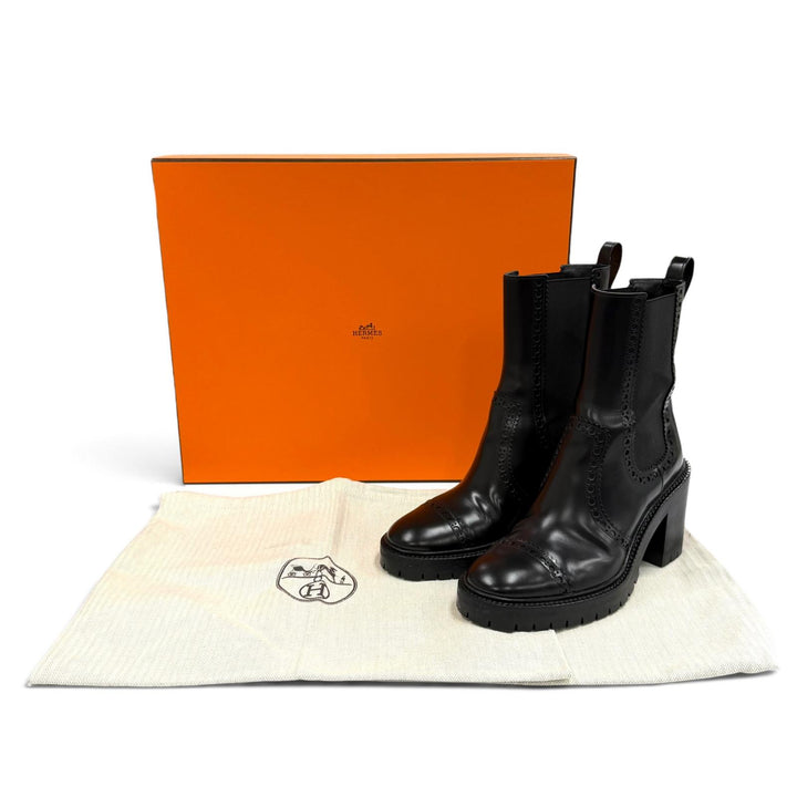 美品★HERMES エルメス リンゼイ70 サイドゴア ストレートチップ チャンキーヒール レザー ショートブーツ ブラック 37 箱・保存袋付