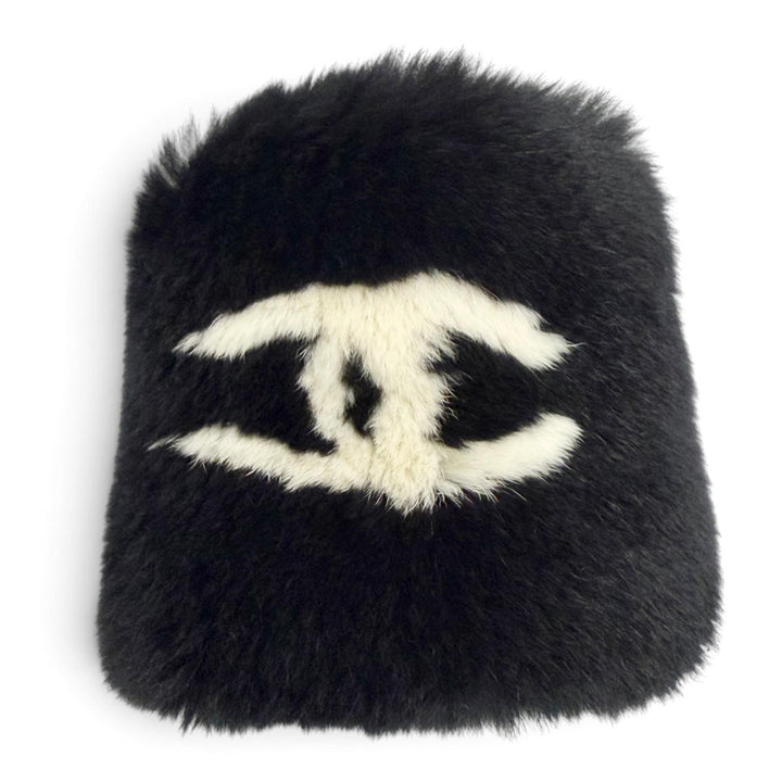 極美品△CHANEL シャネル ココマーク ラパンファー リストバンド バングル ブレスレット ブラック ホワイト フランス製 レディース