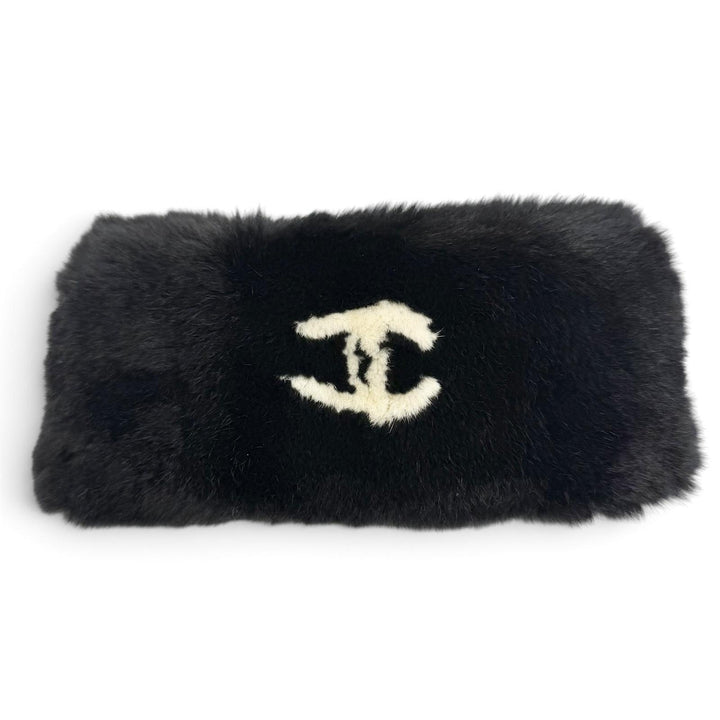極美品△CHANEL シャネル ココマーク ラパンファー リストバンド バングル ブレスレット ブラック ホワイト フランス製 レディース