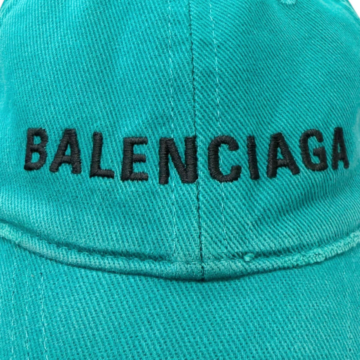 美品□BALENCIAGA バレンシアガ 673319 ロゴエンブロイダリー ダメージ加工 ベースボールキャップ ターコイズ L 59cm イタリア製 正規品