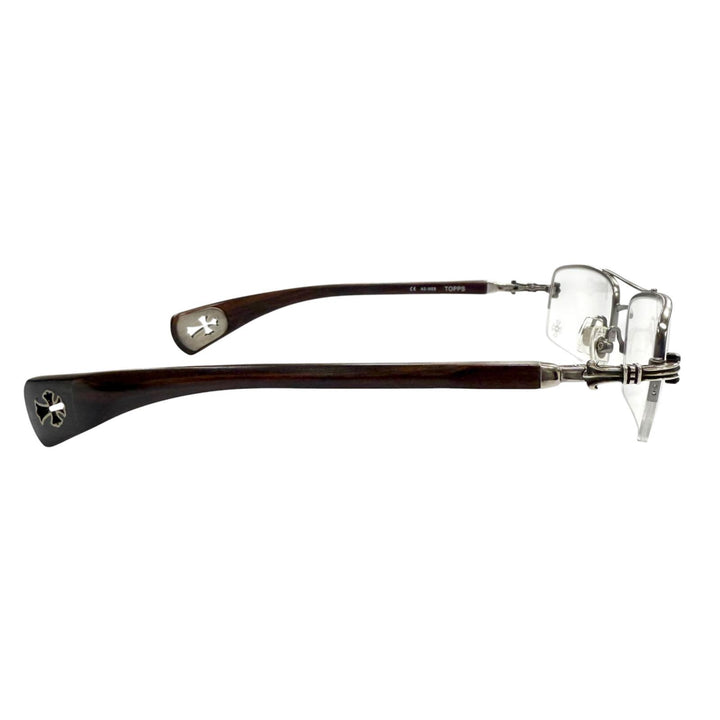 美品▼CHROME HEARTS クロムハーツ AS-WEB TOPPS 925 ハーフリム ウッドテンプル メガネ 眼鏡 アイウェア シルバー ブラウン デモレンズ
