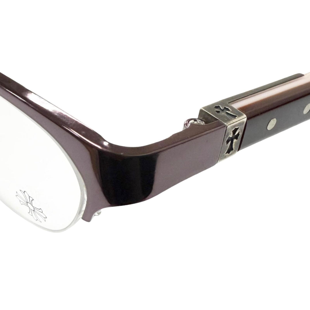 美品□CHROME HEARTS クロムハーツ SHELBY クロス ハーフリム メガネ 眼鏡 アイウェア ボルドー ピンク 度なし 日本製 メンズ レディース