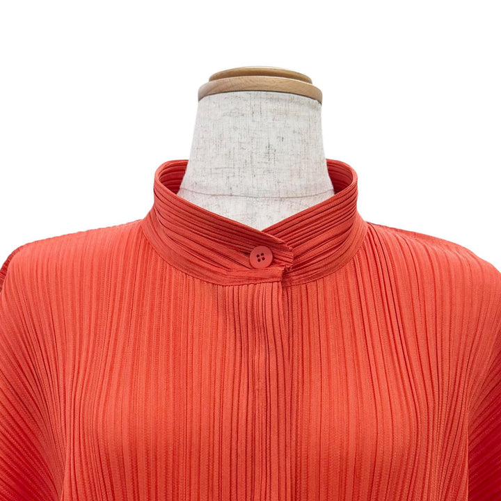 極美△PLEATS PLEASE プリーツプリーズ イッセイミヤケ PP03-JH145 スタンドカラー 長袖 シャツ ワンピース オレンジ 3 正規品 レディース