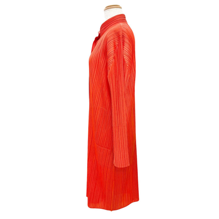 極美△PLEATS PLEASE プリーツプリーズ イッセイミヤケ PP03-JH145 スタンドカラー 長袖 シャツ ワンピース オレンジ 3 正規品 レディース