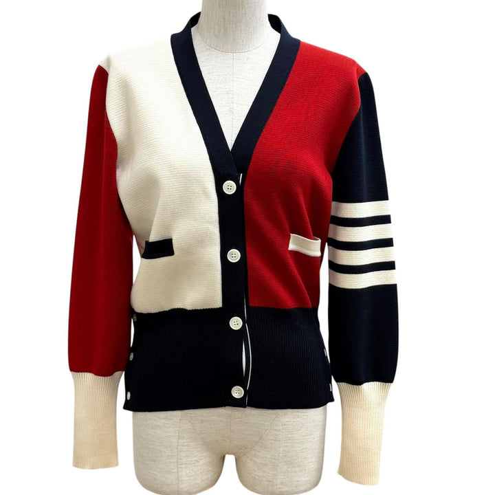 極美品★THOM BROWNE トムブラウン FKC207F ファンミックス クレープ 4-BAR カーディガン ウール100％ Vネック マルチ 42 伊製 正規品