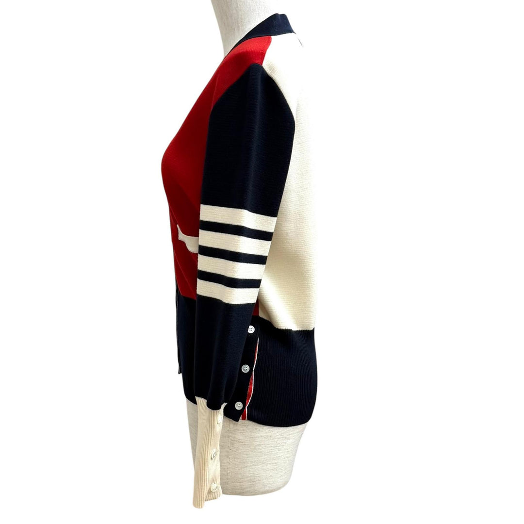 極美品★THOM BROWNE トムブラウン FKC207F ファンミックス クレープ 4-BAR カーディガン ウール100％ Vネック マルチ 42 伊製 正規品
