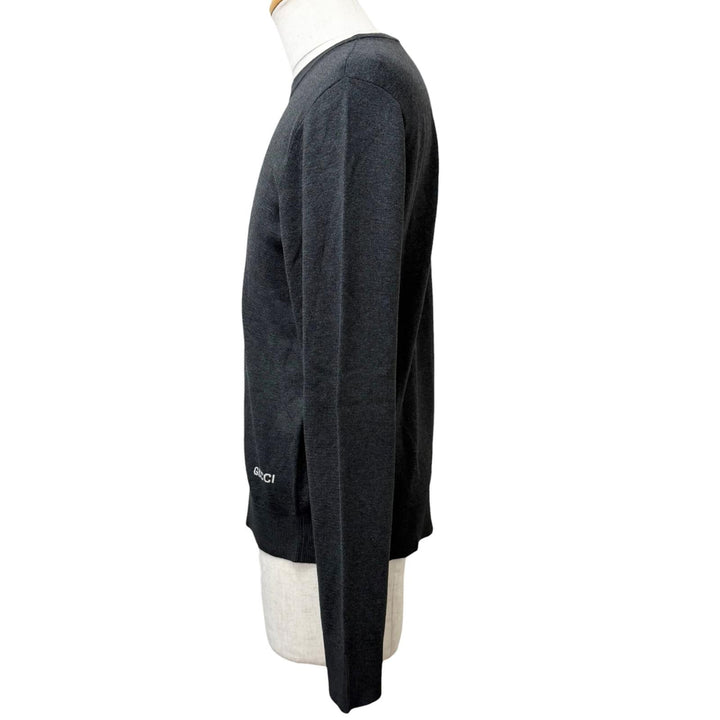 極美品□GUCCI グッチ 819421 シルク55％ インターシャロゴ ロングスリーブニット セーター チャコールグレー M イタリア製 正規品