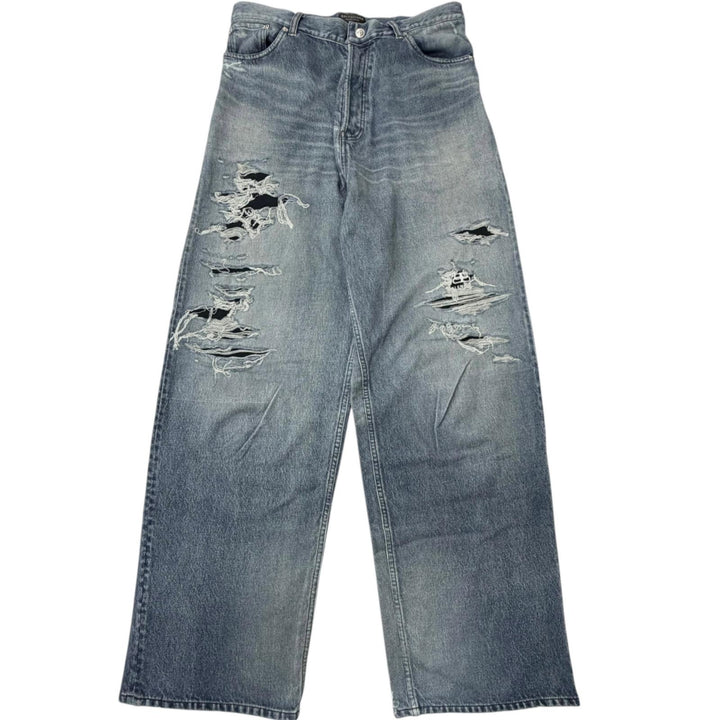 極美品□BALENCIAGA バレンシアガ 24SS 675336 トロンプルイユ デニム転写 裏起毛 ダメージ加工 スウェットパンツ XS 伊製 正規品