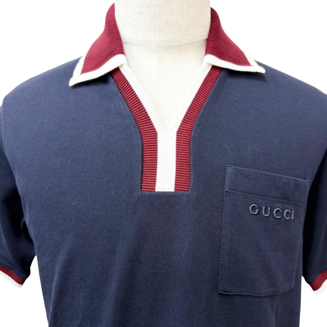 美品□GUCCI グッチ 2025年製 829434 ロゴ刺繍 コットンピケ 半袖ポロシャツ カットソー ネイビー ボルドー XS イタリア製 正規品 メンズ