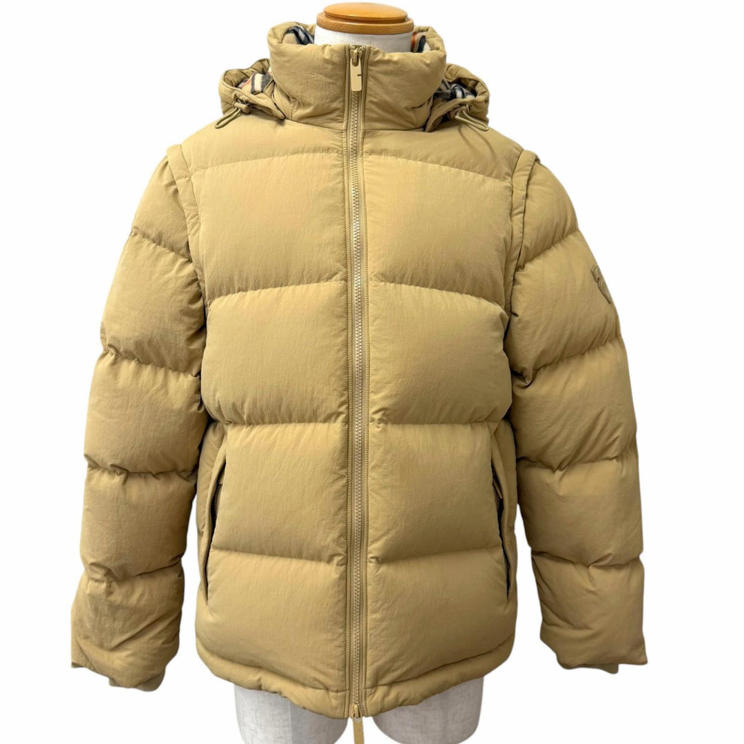 美品□BURBERRY バーバリー 8097944 一部ノバチェック柄 2way デタッチャブルスリーブ ダウンジャケット ベージュ S 正規品 メンズ