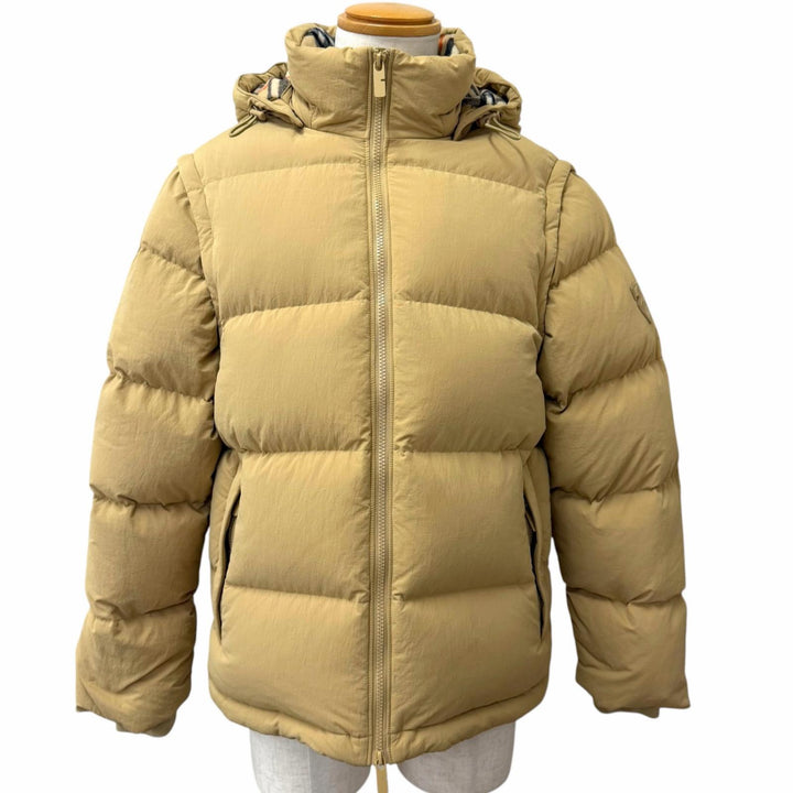 美品□BURBERRY バーバリー 8097944 一部ノバチェック柄 2way デタッチャブルスリーブ ダウンジャケット ベージュ S 正規品 メンズ