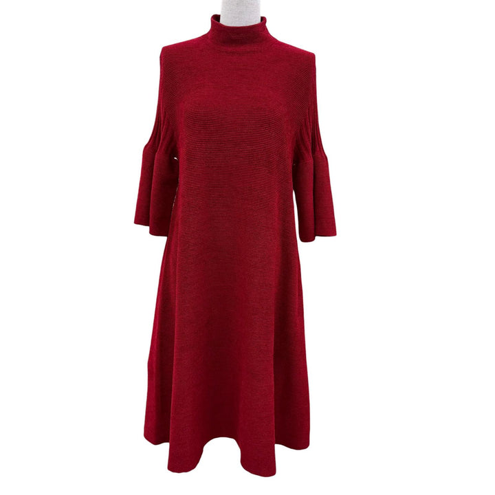 極美品☆CFCL シーエフシーエル CF008KH010 POTTERY VELVET LONG BELL SLEEVE FLARE MINI DRESS ニットワンピース レッド F 正規品