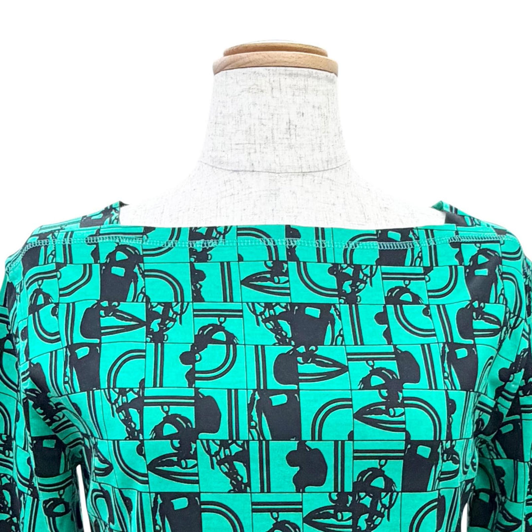 極美品△HERMES エルメス 17-7720 DO RE BOUCLES コットン100% スクエアネック 七分袖 トップス グリーン ブラック 36 フランス製 正規品