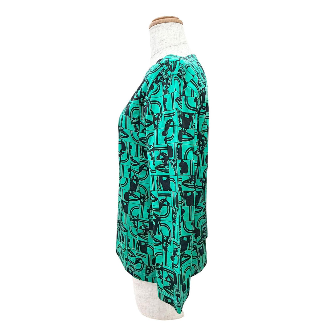 極美品△HERMES エルメス 17-7720 DO RE BOUCLES コットン100% スクエアネック 七分袖 トップス グリーン ブラック 36 フランス製 正規品