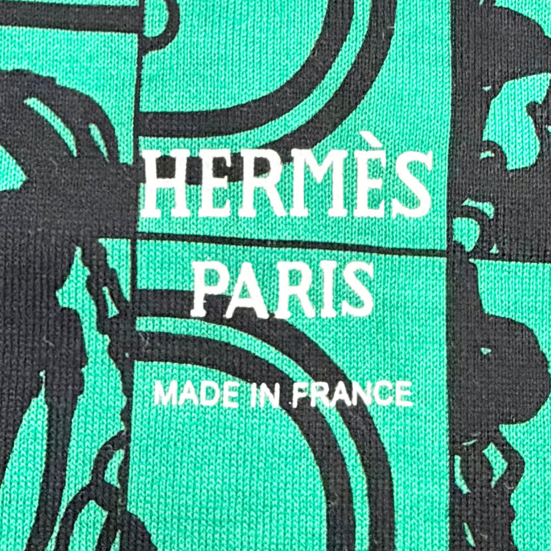 極美品△HERMES エルメス 17-7720 DO RE BOUCLES コットン100% スクエアネック 七分袖 トップス グリーン ブラック 36 フランス製 正規品