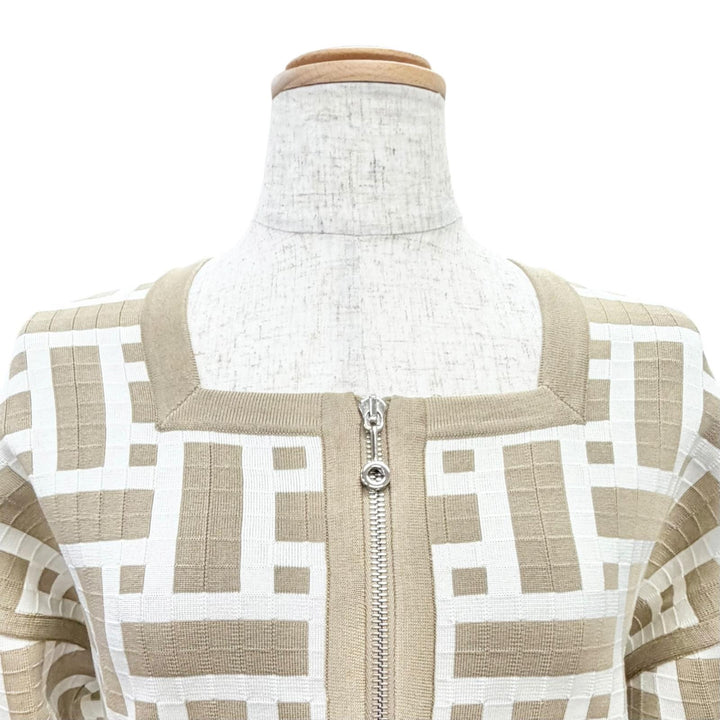 極美品△HERMES エルメス 24SS 4E2225DJ シルク コットン モザイク ZIP UP クロップド ニット ジャケット ブルゾン ベージュ 36 正規品