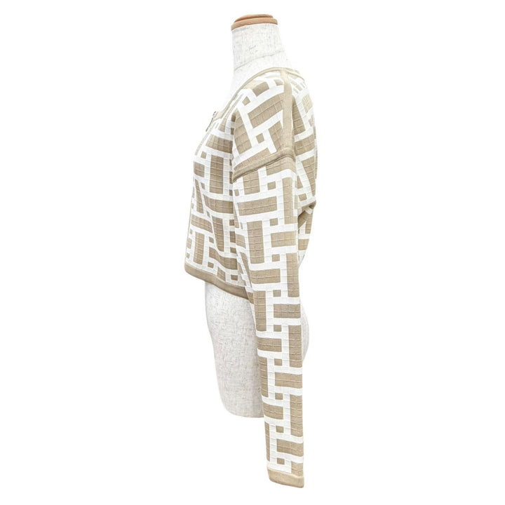 極美品△HERMES エルメス 24SS 4E2225DJ シルク コットン モザイク ZIP UP クロップド ニット ジャケット ブルゾン ベージュ 36 正規品