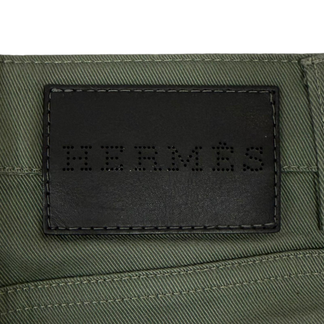 美品□HERMES エルメス 22AWセリエボタン ボタンフライ レザー切替 コットンパンツ ワークパンツ カーキ 40 フランス製 正規品 メンズ