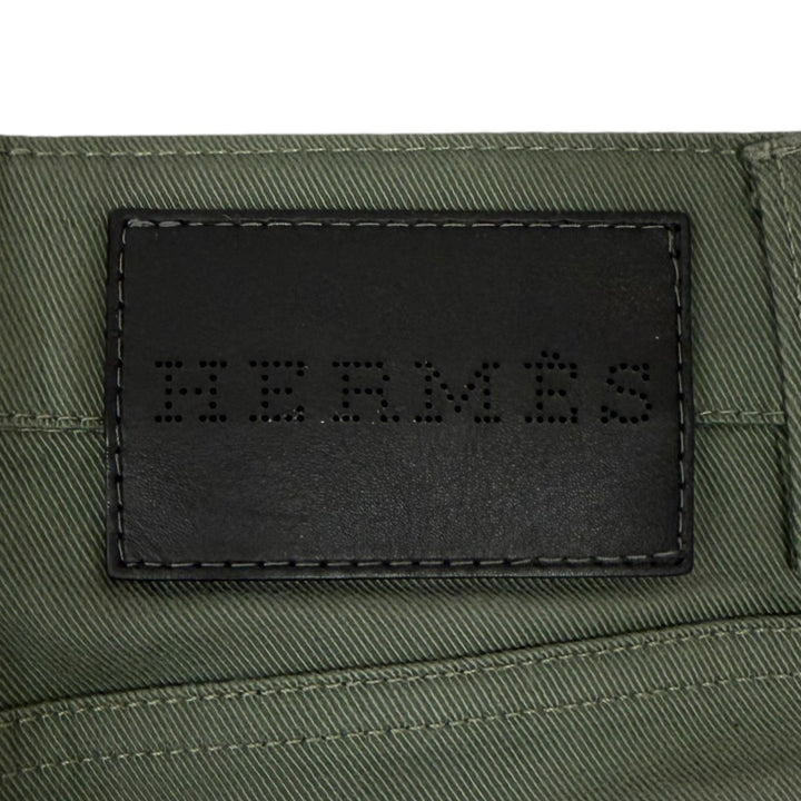 美品□HERMES エルメス 22AWセリエボタン ボタンフライ レザー切替 コットンパンツ ワークパンツ カーキ 40 フランス製 正規品 メンズ